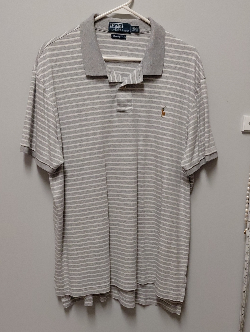 Polo by Ralph Lauren Light Gray & White Striped Pima  Cotton Polo, Size XXL